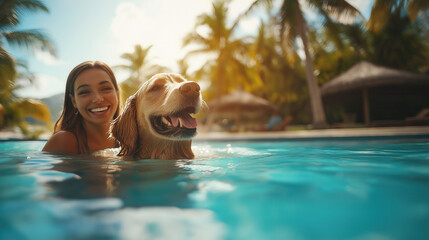 Happy woman having fun and relaxing with golden Labrador retriever in outdoor swimming pool with clear water. Popular dog breed like companion, outdoor activity, game with family pet on summer holiday