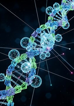 mRNA technology and futuristic DNA visualization, molecular biology and bioinformatics concept, genomics and biotechnology illustration in digital science
