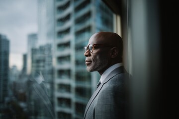 Business executive in suit looking out window at modern cityscape