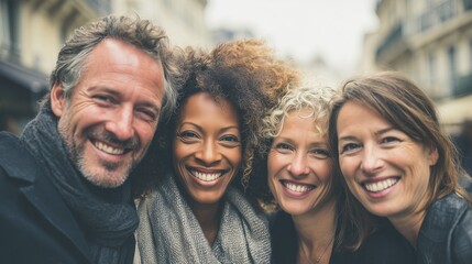 Fototapeta premium Portrait of diverse adult friends smiling outdoors in city