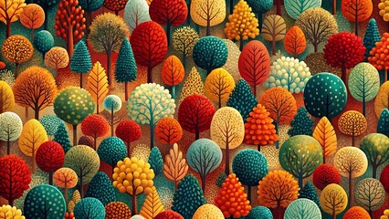 A vibrant and colorful pixel art illustration of a dense forest with trees in various shapes, sizes, and autumnal colors