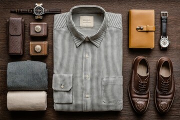 Sophisticated Men's Apparel and Accessories Flat Lay with Striped Shirt, Leather Shoes, Watches, Wallet, and Notebook on Wood