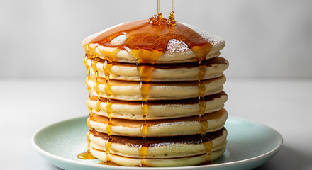 Golden syrup cascading over a stack of fluffy pancakes, a delicious breakfast treat with powdered sugar and syrup dripping on a plate