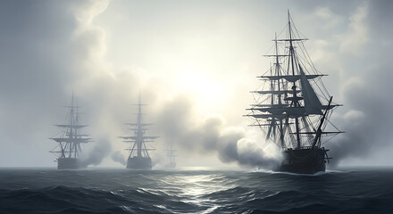 Sailing ships navigating stormy seas with dramatic light and atmosphere, evoking adventure and naval history