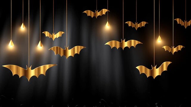 Metallic golden bats hanging, swinging softly on delicate strings with ambient light rays, generating mysterious halloween mood against shadowy backdrop