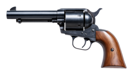 A classic single-action army revolver with a blued steel finish and wood grip, an iconic Old West cowboy six-shooter, Isolated on Transparent and White Background