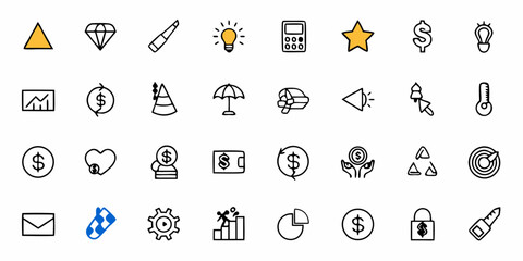 Vibrant collection of business finance and success icons including money, charts, ideas, and achievements for modern presentations and digital content creation