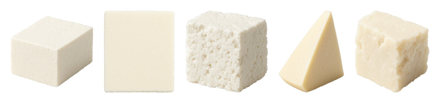 Cheese set including cubes, smooth block, textured block, and wedge forms isolated. Dairy food and cooking ingredients collection.