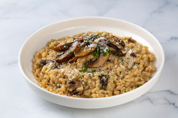Mushroom risotto topped with parmesan cheese