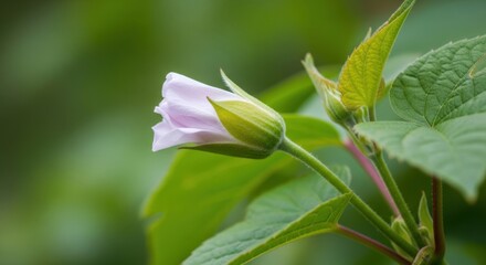 Pink flower bud and green leaves in natural setting