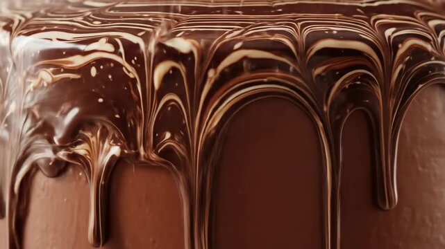Chocolate icing drips on a cake, close up view of dessert