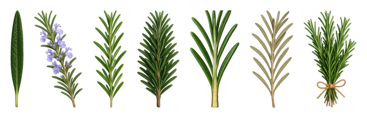 Fototapeta premium Rosemary set including single leaf, flowering sprig, fresh sprigs, dried sprig, and tied bunch isolated. Culinary herb collection.