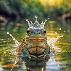 A frog emerges majestically from the water, creating a splash that resembles a crown on its head 