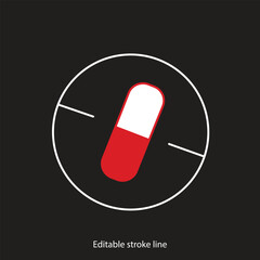 No pills symbol or icon. Vector stock illustration isolated on black background for design template medical, pharmacy, hospital, healthy bio shop concept web and print material. Editable stroke line.