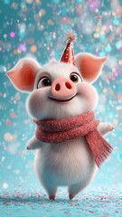 Joyful pig party scene with confetti on blue background