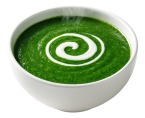 A steaming hot white bowl of creamy green spinach soup, garnished with a decorative cream swirl, Isolated on Transparent and White Background