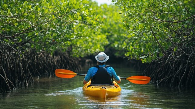 Person kayaking through a mangrove channel. - Powered by Adobe
