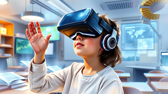A young girl wearing a vr headset in a classroom, exploring virtual reality and immersive learning experiences with technology in an educational setting