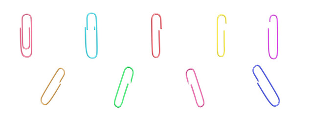 Realistic 3D vector of plastic paperclips in various colors. Stationery set for office, school, or design templates. Isolated illustration.