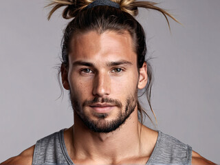 Stylish messy man bun hairstyle on Caucasian man with stubble