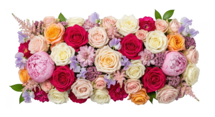 Vibrant overhead view of densely packed assorted fresh floral arrangement bloom colors