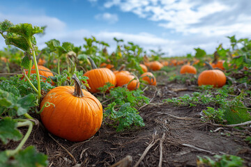 Pumpkin patch. Ripe orange pumpkins lie on the ground waiting to be harvested. Fall pumpkin harvest for Halloween and Thanksgiving.