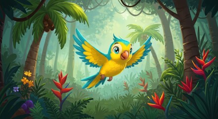 Naklejka premium Cheerful Bird's Flight in a Lush Jungle A Colorful Illustration