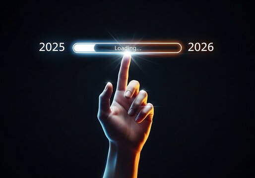 Approaching New Year Progress Bar Indicator Showing Loading Between 2025 and 2026 with a Finger Touching the Bar