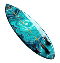 A glossy surfboard with an elegant turquoise and blue liquid marble design, glitter details, and an orange stringer, Isolated on Transparent and White Background