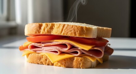 Hot ham and cheese sandwich with tomato slices on white bread in sunlit kitchen