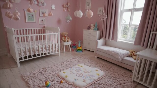 Decorated Infant Room with Pink Wall Background Baby Mat Carpet and Child Furniture