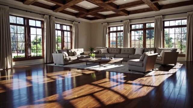 living space featuring wall composed predominantly of transparent panels and flooring made of hardwood