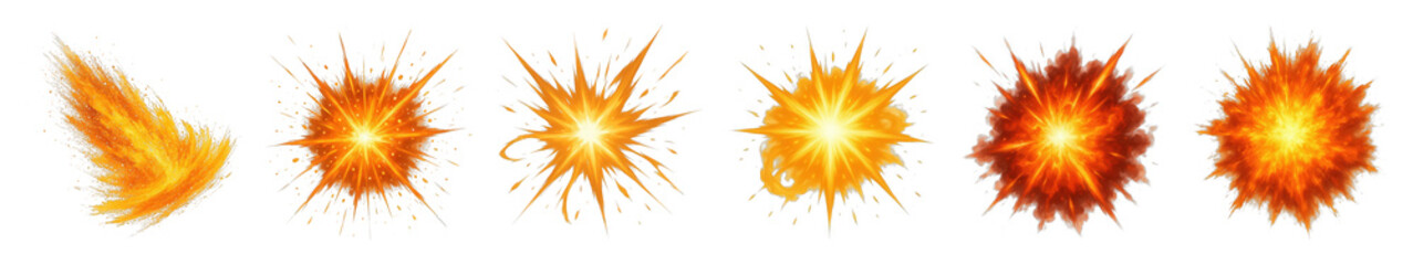 Naklejka premium Explosion effects set including fire, sparks, bursts, and fiery blast variations isolated. Game assets and graphic elements collection.