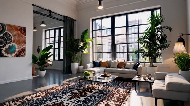 sleek designer apartment living room featuring bohemian design elements and elegant loft-style atmosphere