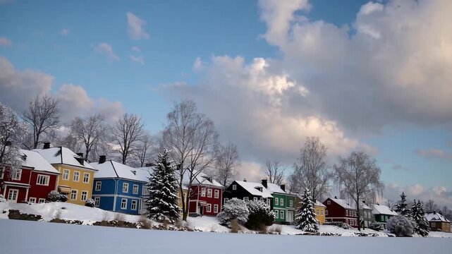 scenic view of season characterized by cold weather and snowfall featuring residences painted in various hues