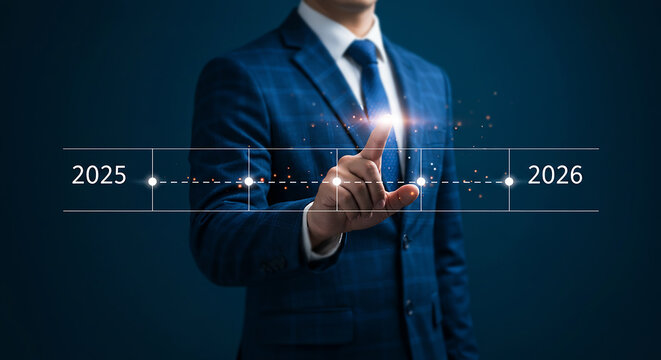 Future Vision: A person in a professional attire, poised to make a strategic decision or forecast, indicates the year 2026.