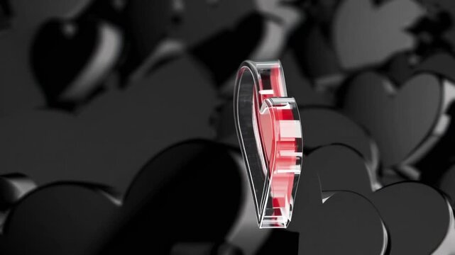 Shining Red White Glass Heart Like Symbol Among Black Heart Like Symbols on Black Background