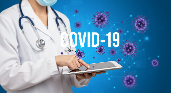 Medical Professional with COVID-19 Focus: A healthcare provider, clad in professional attire, is absorbed in data on a tablet, with a graphic of the COVID-19 virus.