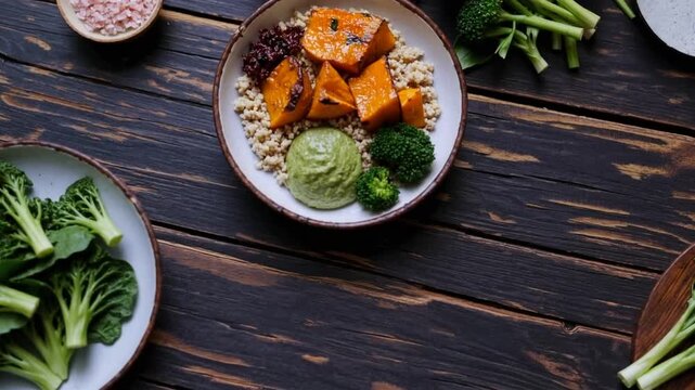 nutritious and healthy quinoa grain bowl topped with roasted butternut squash, broccolini, leafy greens, and pesto sauce presented on dark wooden table with fresh vegetables and Himalayan salt in the