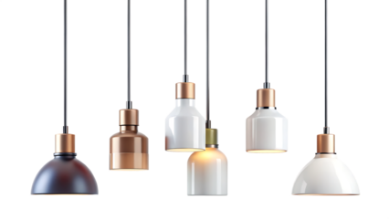 Six minimalist pendant lights with copper accents isolated on a transparent background