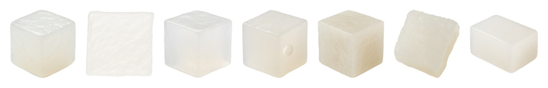 White confectionary cube set including soft, smooth, and textured pieces isolated. Sweet dessert and food ingredient collection.