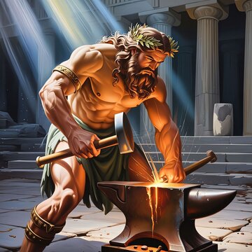Hephaestus the god with his hammer and anvil. He was cast off Mount Olympus. God of of artisans, blacksmiths, craftsmen, fire, metallurgy, volcanoes. Greek mythology. Hephaistos. Generative AI