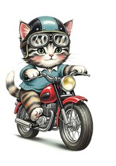 Cartoon Cat Riding Motorcycle – Funny Biker Kitty Kitten Feline Pet Rider on Moped or Scooter Illustration. cute kitten riding, animal, animal biker, comic, comic style cat, retro, retro biker cat