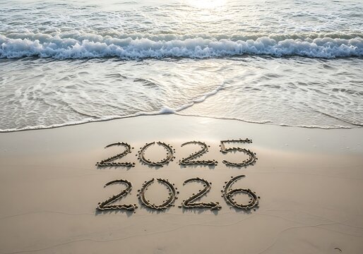 The Gentle Waves of the Ocean Wash Over the Sand Marking the Transition from Year 2025 to Year 2026 a Symbol of Time Passing and New Beginnings