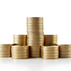 A collection of gold coins stacked in ascending order of height creating a sense of financial growth and prosperity on a clean white background