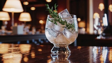 exquisitely prepared artisanal mixed drink containing herbs served in short clear glass with large ice cubes and adorned with fresh thyme sprigs, presented in dimly lit upscale Italian dining establi