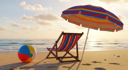 Vibrant beach scene at sunrise featuring a colorful beach chair and umbrella, a beach ball, and calm ocean waves.