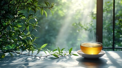 A refreshing cup of tea steaming with natural light and greenery photo