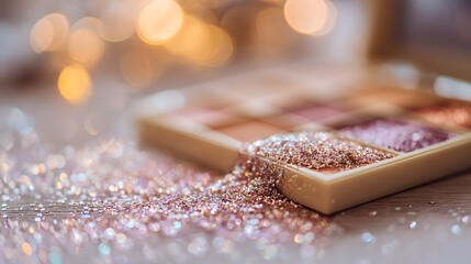 A close-up of a cosmetic eyeshadow palette, filled with shimmering rose-gold glitter, spills onto a surface adorned with sparkling glitter.
