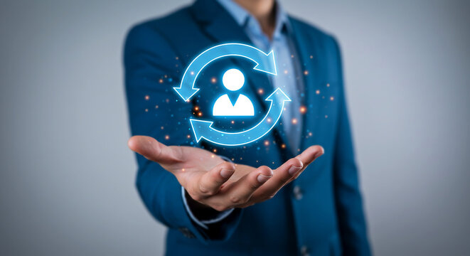 Human Resource Cycle: An individual hand gently cradles a digital symbol of the human resource cycle, illustrating the dynamic and cyclical nature of employee management.